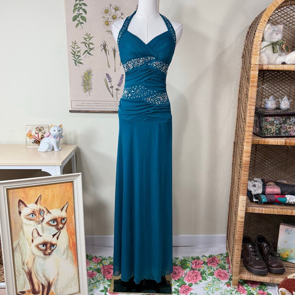 Y2k Mesh Rhinestone Ruched Halter Formal Dress Fairy Party Boho Hippie Mermaid S